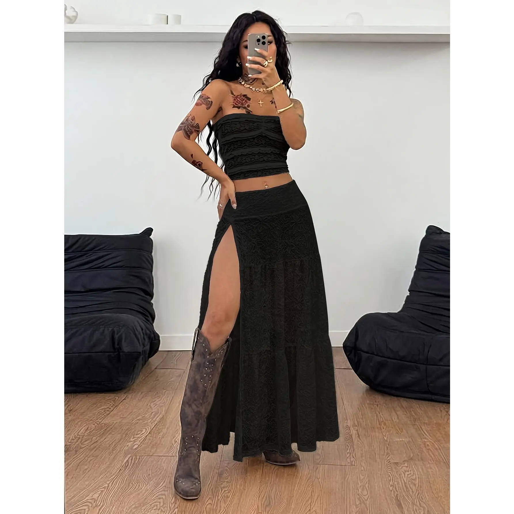 Women's Slim Fit Stretchy Ribbed Knit Maxi Skirt with Side Slit, Casual Solid Polyester Vacation Bottoms, Fabric