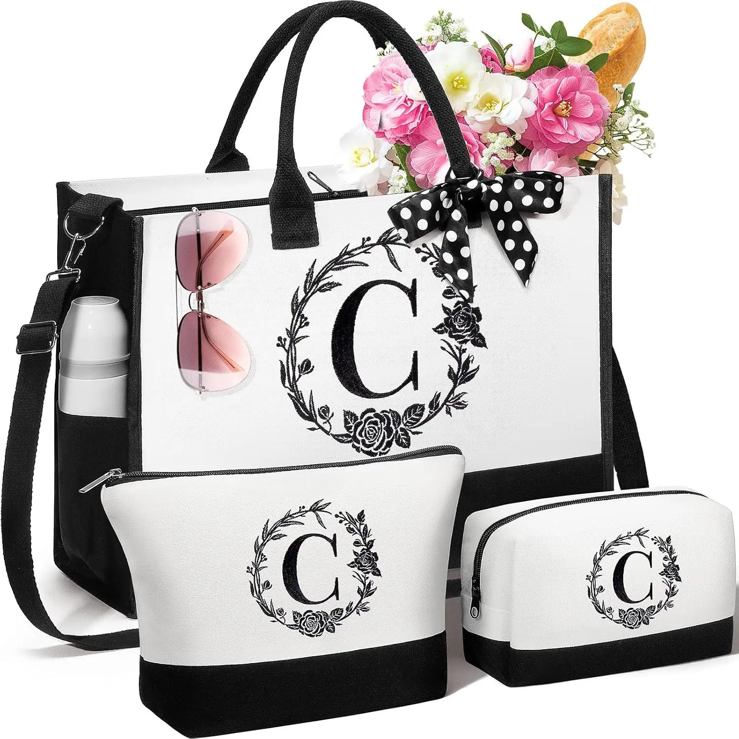 Personalized Birthday Gifts for Women, Initial Canvas Tote Bag for Women | Monogrammed Beach Tote Bag for Women w/Zipper, Christmas Women Gifts for Mom Her Wife Sister  Coworker Daughter Teacher