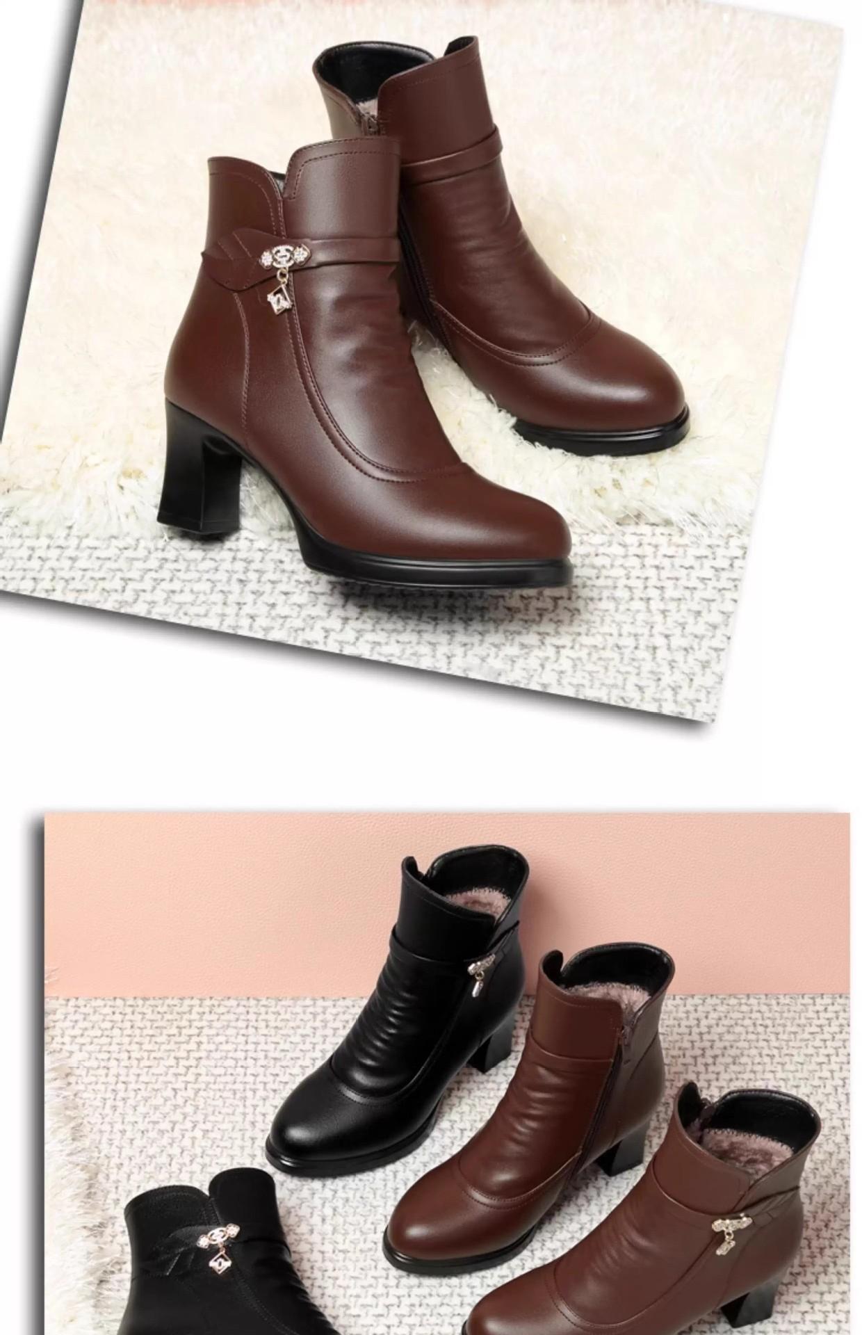 MOVRA1 Women'S -Encrusted Round-Toe Block Heel Ankle Boots with Zipper Closure & Plush Lining - Mid-Heel Winter Boots in Rich Brown, Faux Cover Upper & Rubber Sole, Elegant Casual to Semi-Formal Outfits Autumn/Winter, Comfortable & Durable Design