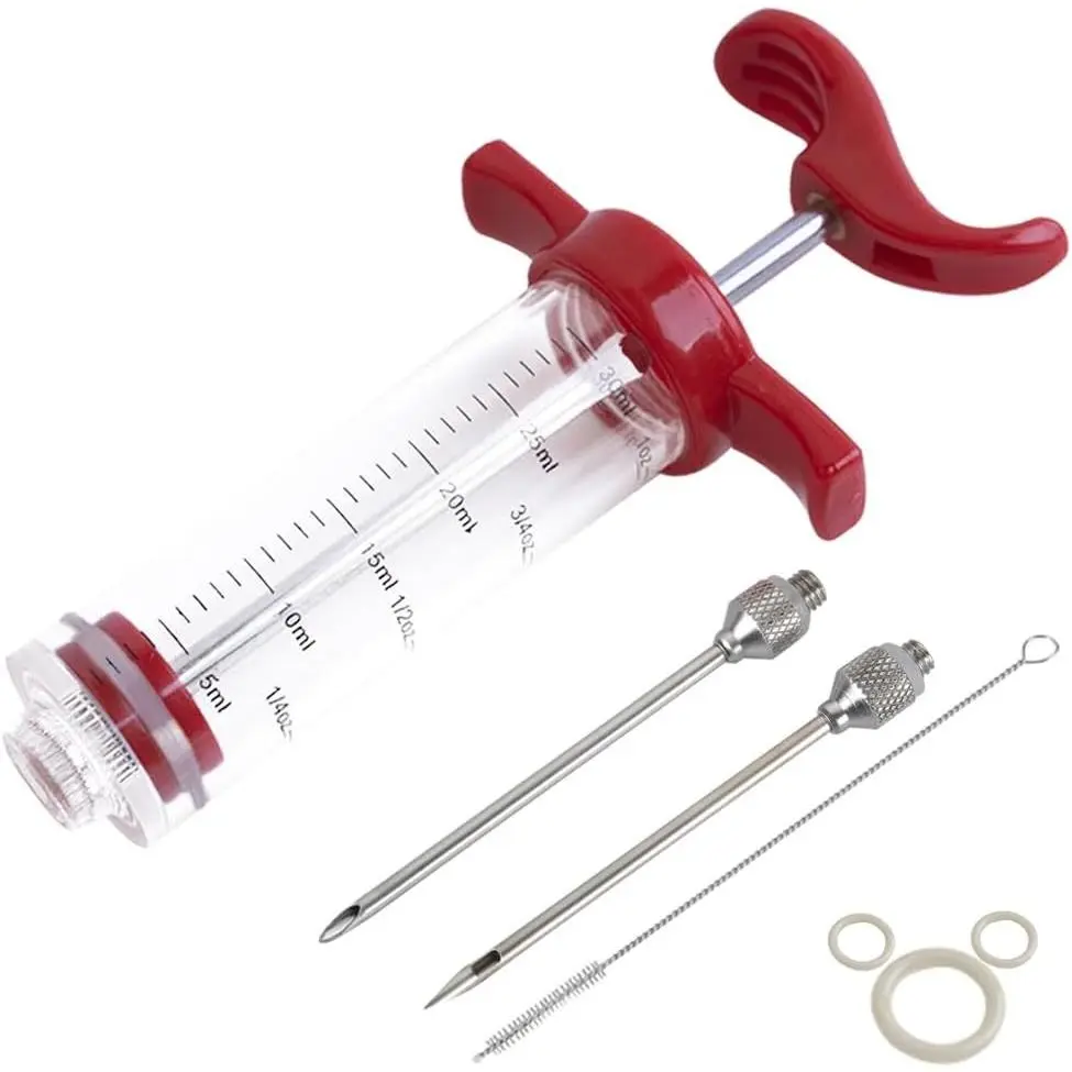 1-oz Plastic Marinade Injector Syringe with Screw-on Meat Needle for BBQ Grill, Red, Includes Free Downloadable Recipe E-Book PD