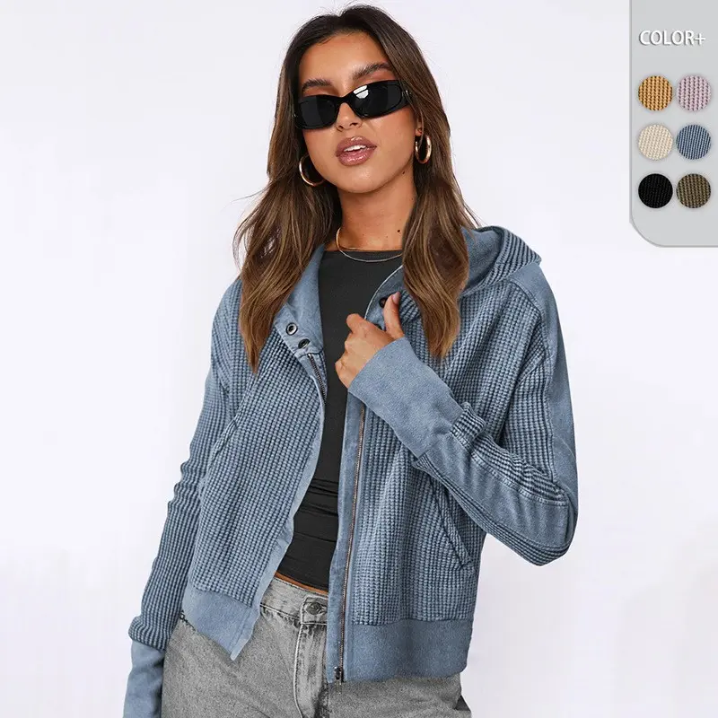 Jacket Splicing Sweater European and American Women's Hooded Sweater Lazy Zipper Hoodie Short Knitted Sweater
