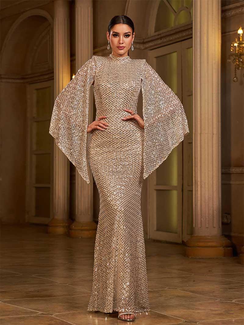 Long Sleeve Elegant Round Neck Sexy Long Sequin Evening Dress Bridesmaid Dress for Women Womenswear Glitz