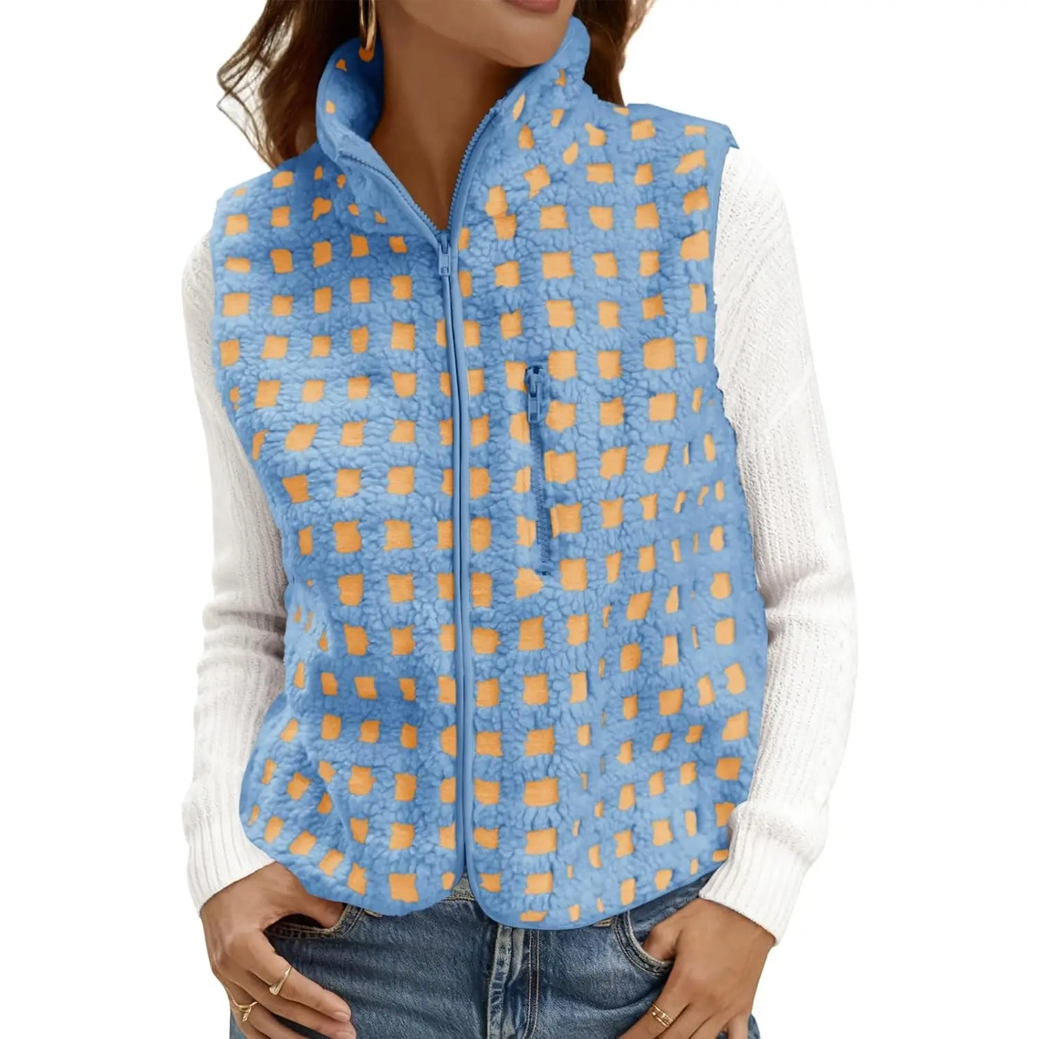 Tankaneo Womens Checkered Sherpa Vest Fleece Fuzzy Zip Up Sleeveless Jacket Casual 2026 Winter Warm Outwear