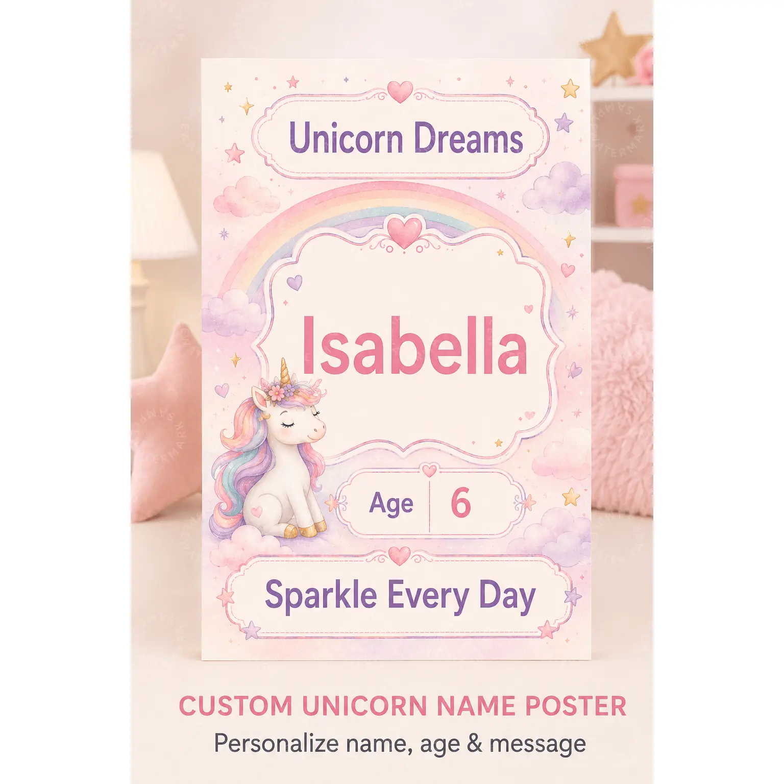 Custom Unicorn Name Poster, Personalized Kids Wall Art, Pink Rainbow Unicorn Decor, Girls Bedroom Nursery Aesthetic Poster, Playroom Wall Decor, Birthday Gift