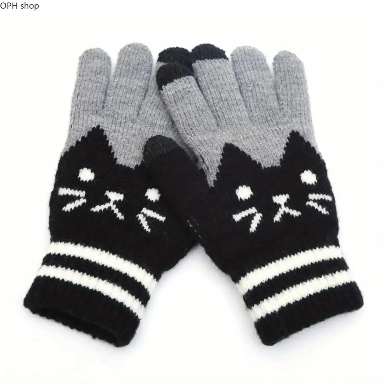 Women’s Winter Warm Knit Gloves - Cat Jacquard & Red Cat Face Paw Print, Soft Stretchy Full Finger, Touchscreen-Compatible Grip, Cold Weather Outdoor Accessory for Skiing & Walking