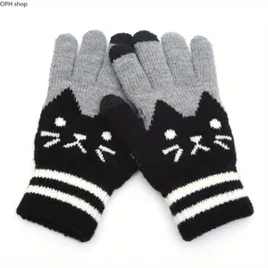 Women’s Winter Warm Knit Gloves - Cat Jacquard & Red Cat Face Paw Print, Soft Stretchy Full Finger, Touchscreen-Compatible Grip, Cold Weather Outdoor Accessory for Skiing & Walking