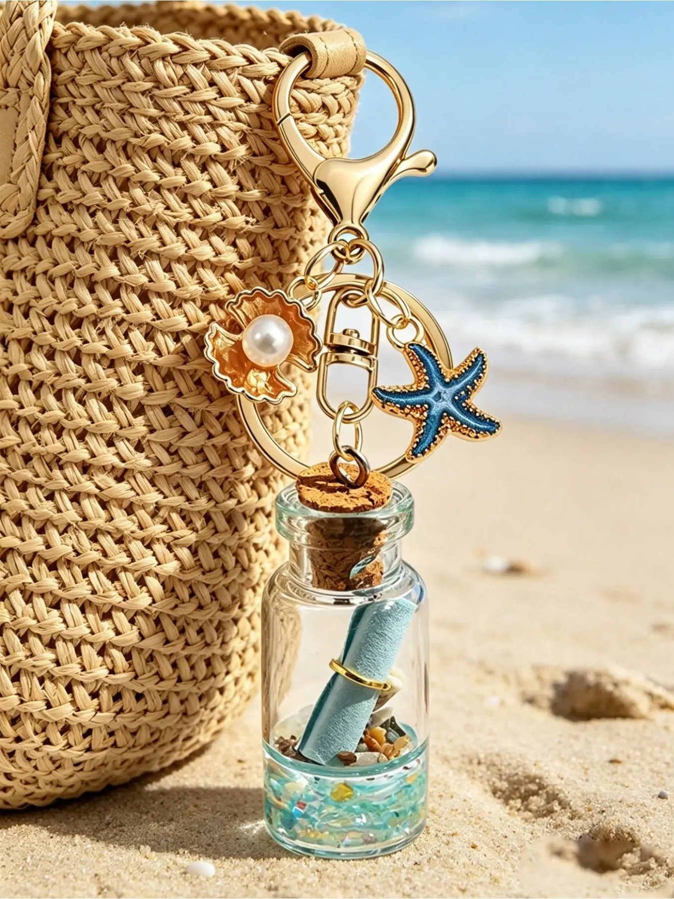 1Pcs Vacation Ocean Theme Blue Starfish Drift Bottle Keychain with Pearl Shell Pendant, Alloy Key Ring Bag Charm for Backpack Car Keys, Minimalist Beach Accessory Gift for Women Couples Beach Party Holiday