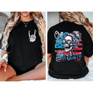 Chill The Fourth Out Double Sided Tee Rock Hand Skeleton Patriotic Bun Skull USA Flag 4th of July Graphic Tee Women Relaxed Oversized Black Short Sleeve 100% Cotton Casual Streetwear Independence Day T-Shirt