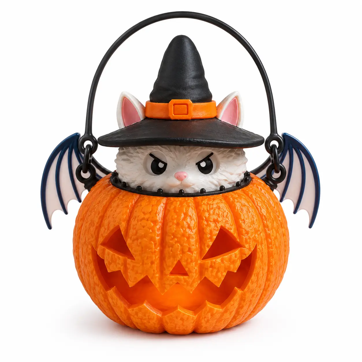 Halloween Cat Pumpkin Lantern with Warm LED Light, Witch Hat and Bat Wings – Portable Spooky Tabletop Décor for Home, Party and Gifts