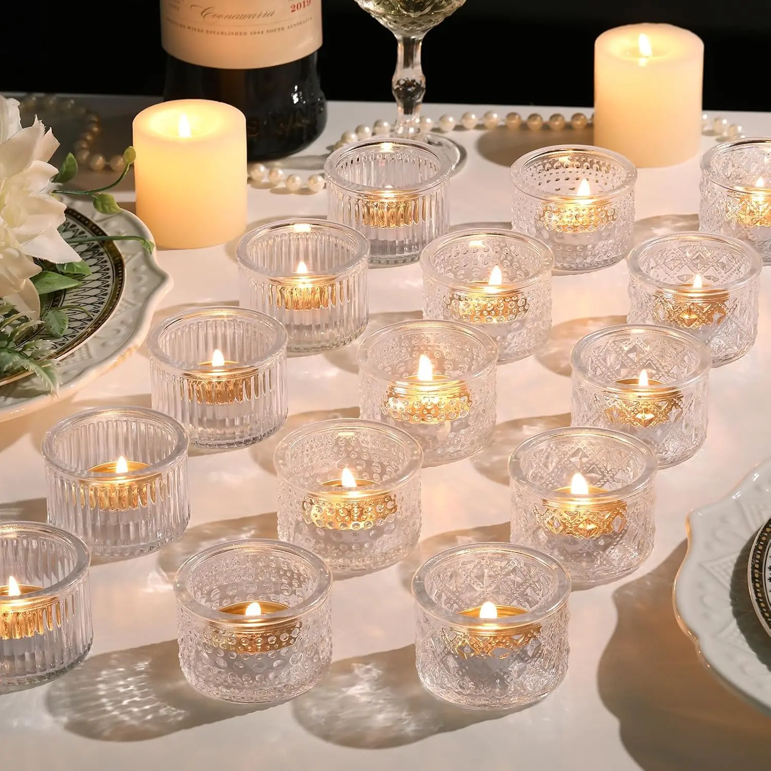 Lanttu 15 Pcs Clear Tealight Candle Holders Bulk 2.17 * 1.38 inches| Glass Votive Candle Holders Set for Wedding Table Centerpiece Home Party Holiday Decor