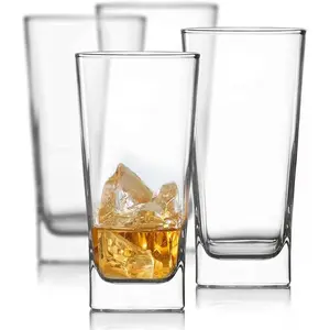 Set of 4 Everyday Drinking Glasses - Square Tall Glass Cups Drinkware Kitchen Collins Glasses for Cocktail, Iced Coffee, Beer, Ice Tea, Wine, Whiskey, Water Glassware Sets