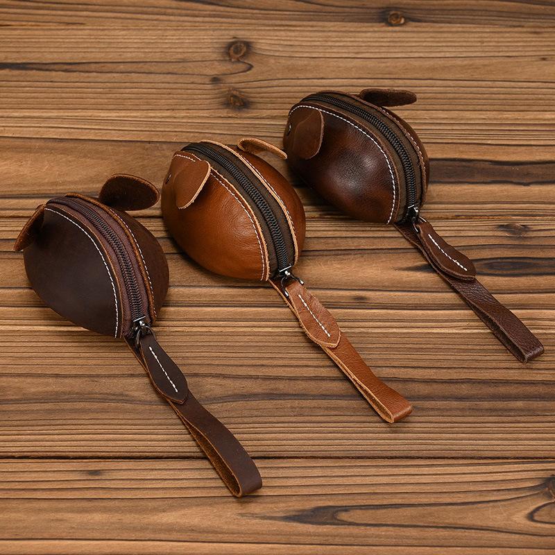 Unisex Crazy Horse Leather Card Holder & Coin Purse | Genuine Cowhide Mini Wallet, Cute Mouse Animal Design, Zipper Closure Slim Card Case, Durable Lightweight EDC Pocket Wallet for Daily Casual Use