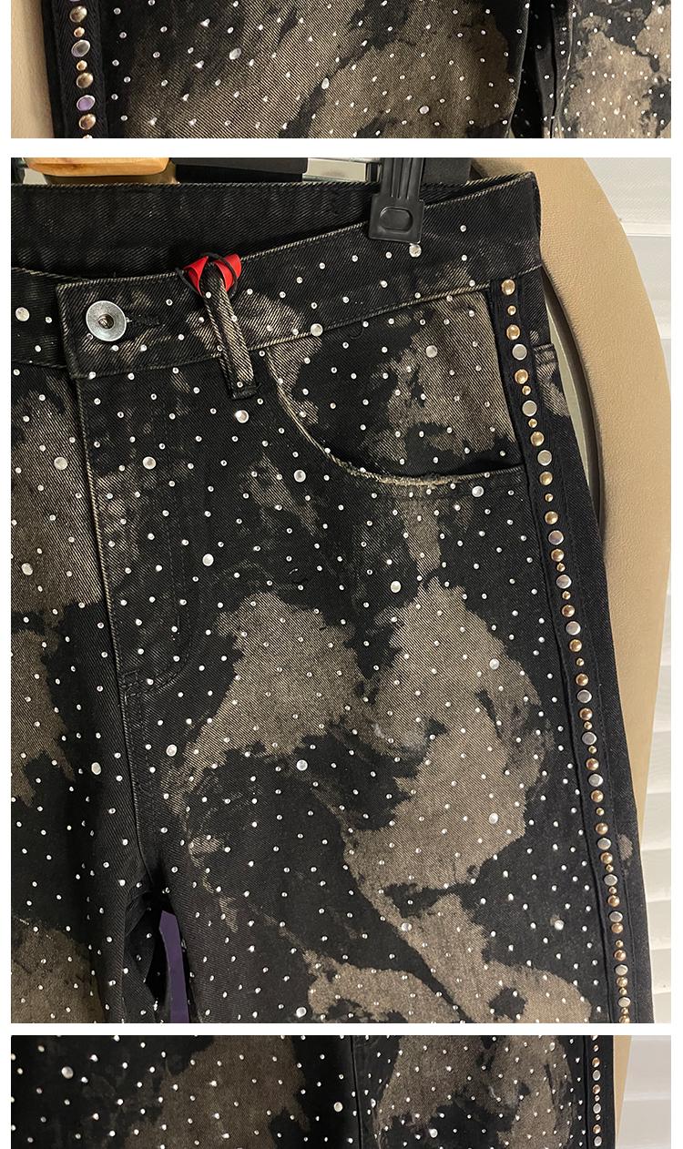 Parisian Sle Heavy Du Rhinestone Rivet Denim Jeans Loose Straight Leg Wide Leg Pants ex American Retro Trendy Brand