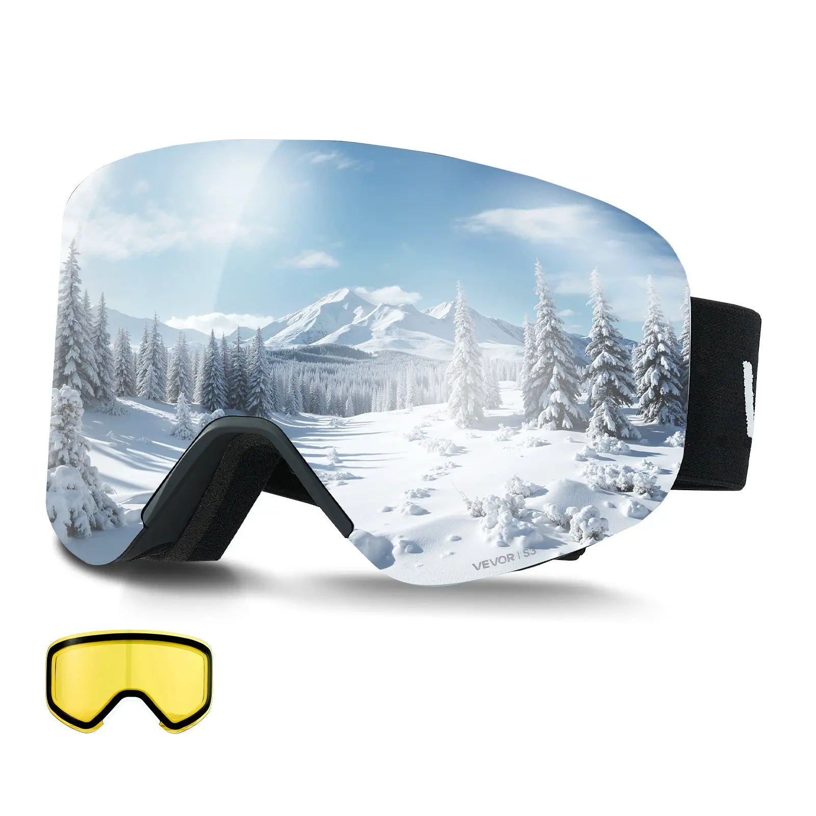 【Summerfinds】VEVOR Frameless OTG Snow Goggles, Magnet Cylindrical Silver Mirror Revo Coating Lens, Anti-Fog TPU Frame with Ventilation Structure, for Men, Skiing, Snowboarding