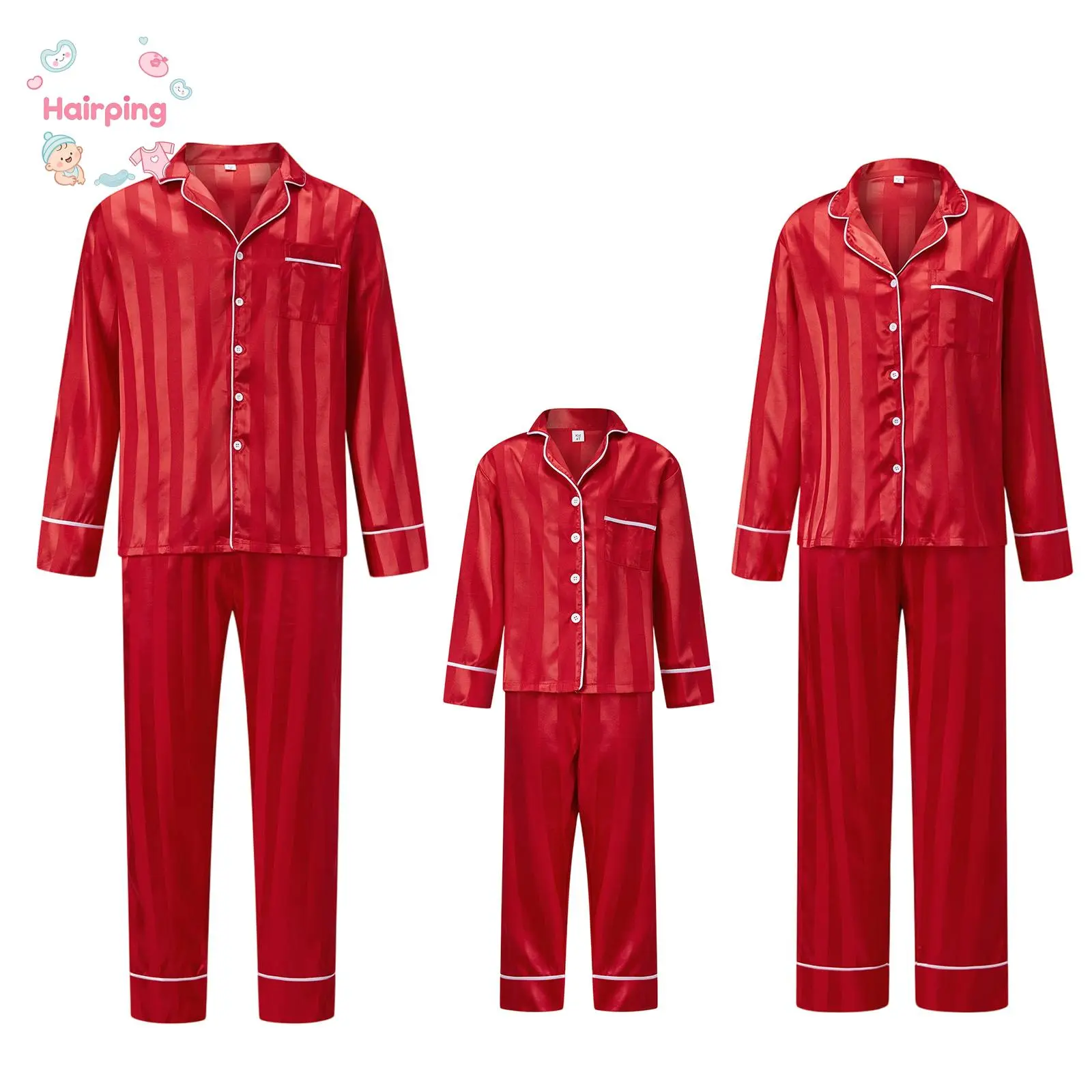 Family Matching Satin 2-Piece Pajamas Set, Women's Longsleeves Lapel Button-Down Top & Pants, Holiday Sleepwear Clothes (Baby & Maternity Gift Set)