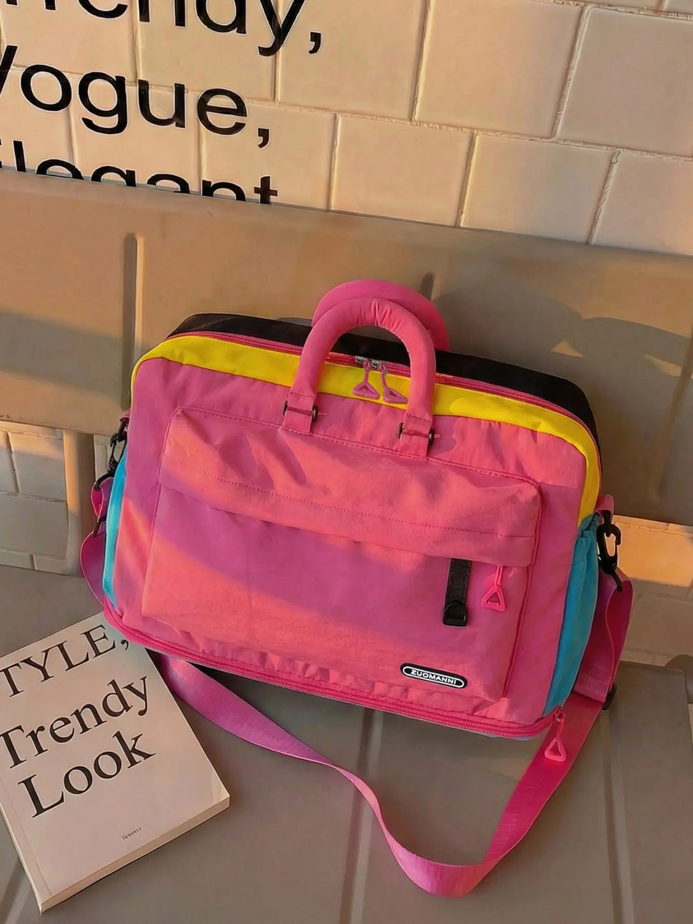 Dopamine Colorblock Nylon Travel Bag, Large Capacity Expandable Crossbody Backpack, Trendy Tote, Lightweight Waterproof Commute Bag, Duffle Bag, Travel Weekender Bag