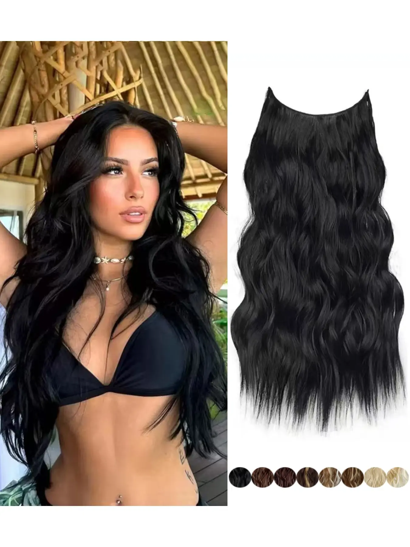 Water Wave Invisible Fish Line Synthetic Fiber Extensions For Women, Long Synthetic Curly Wire Hairpiece, Adjustable Wire With Extra Line, Multiple Shades Quick Daily Hair Makeover