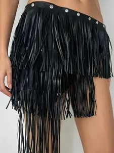 Soft Black Tassel Rivet Punk Waist Belt Fashion Trendy Waist Accessory for Halloween Stage Performance Costume