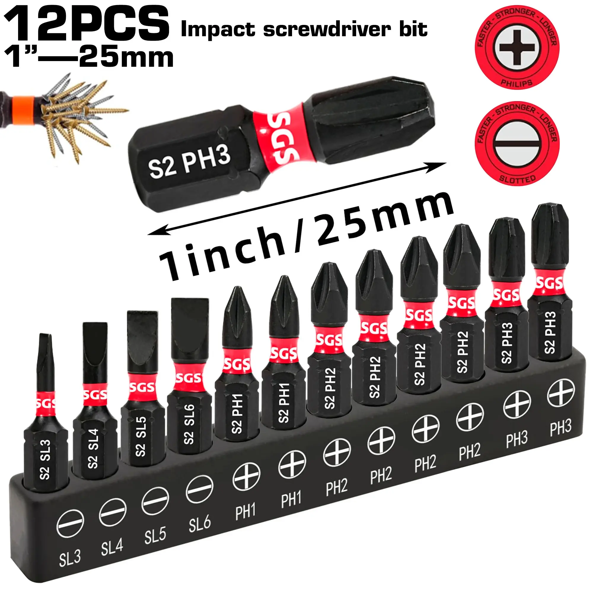12pcs Universal S2 Alloy Steel Bit Set, 25mm Slotted & Phillips Mixed Bits, Anti-break, Corrosion & Wear Resistant, Precise Fit. Portable Storage Case, Perfect for Home Assembly, Machinery, Hardware & Appliance Repair