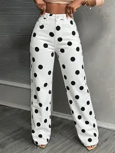 Women's Mid Waist Long Jeans, All over Print Loose-Fit Casual Pants, Zipper Fly Design for Daily Commute & Leisure Trouser