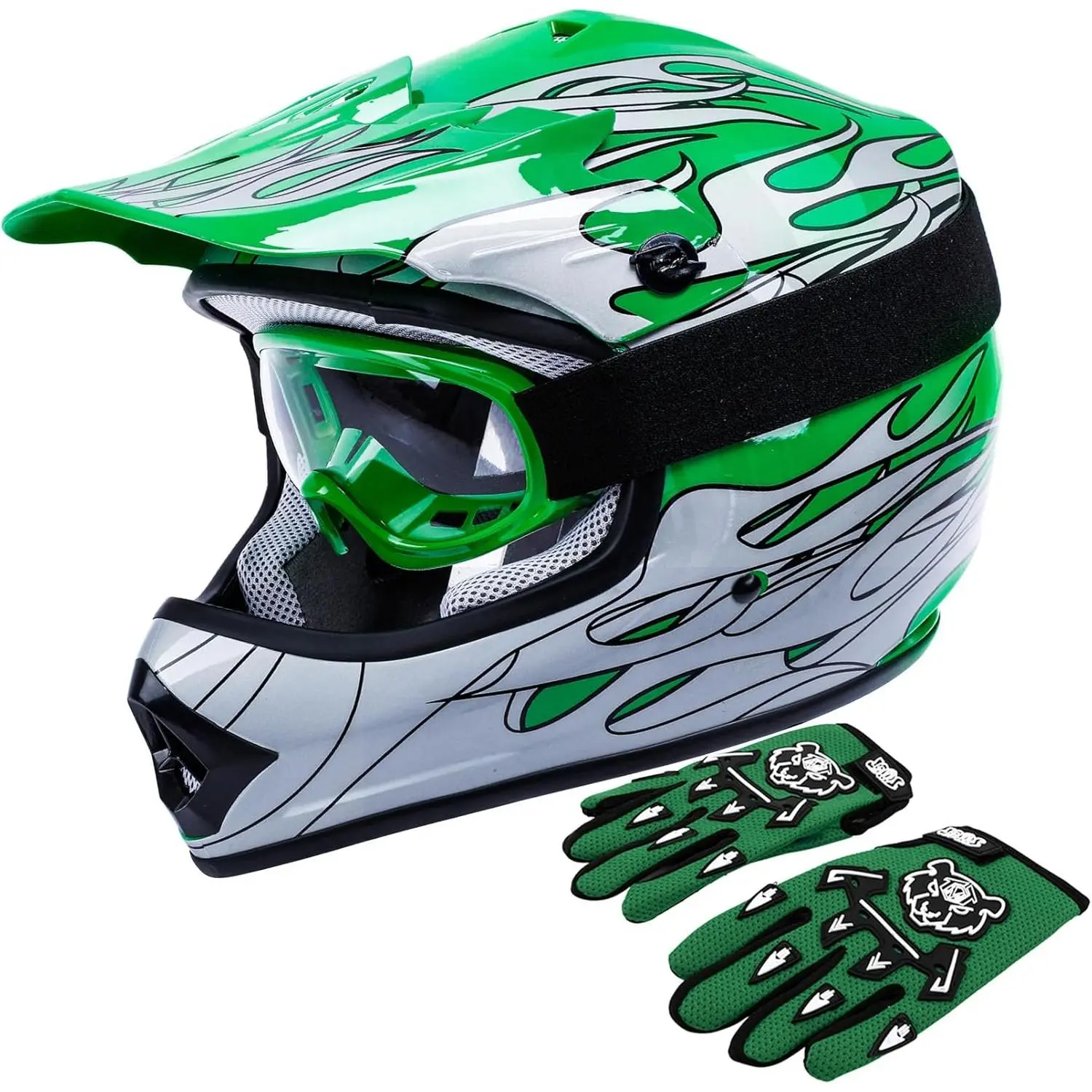Kids' Green Flame Full Face Head Helmet - Small Size DOT Approved Youth Protective Gear Package for Motocross, ATV, Includes Goggles & Gloves (Children's Riding Safety Accessory)