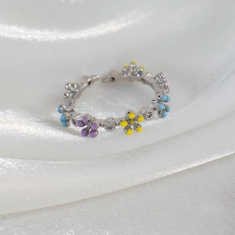 Spring and summer macaron-colored oil-drip flower heart ring with zircon inlay, open niche ring for women, personalized index finger ring