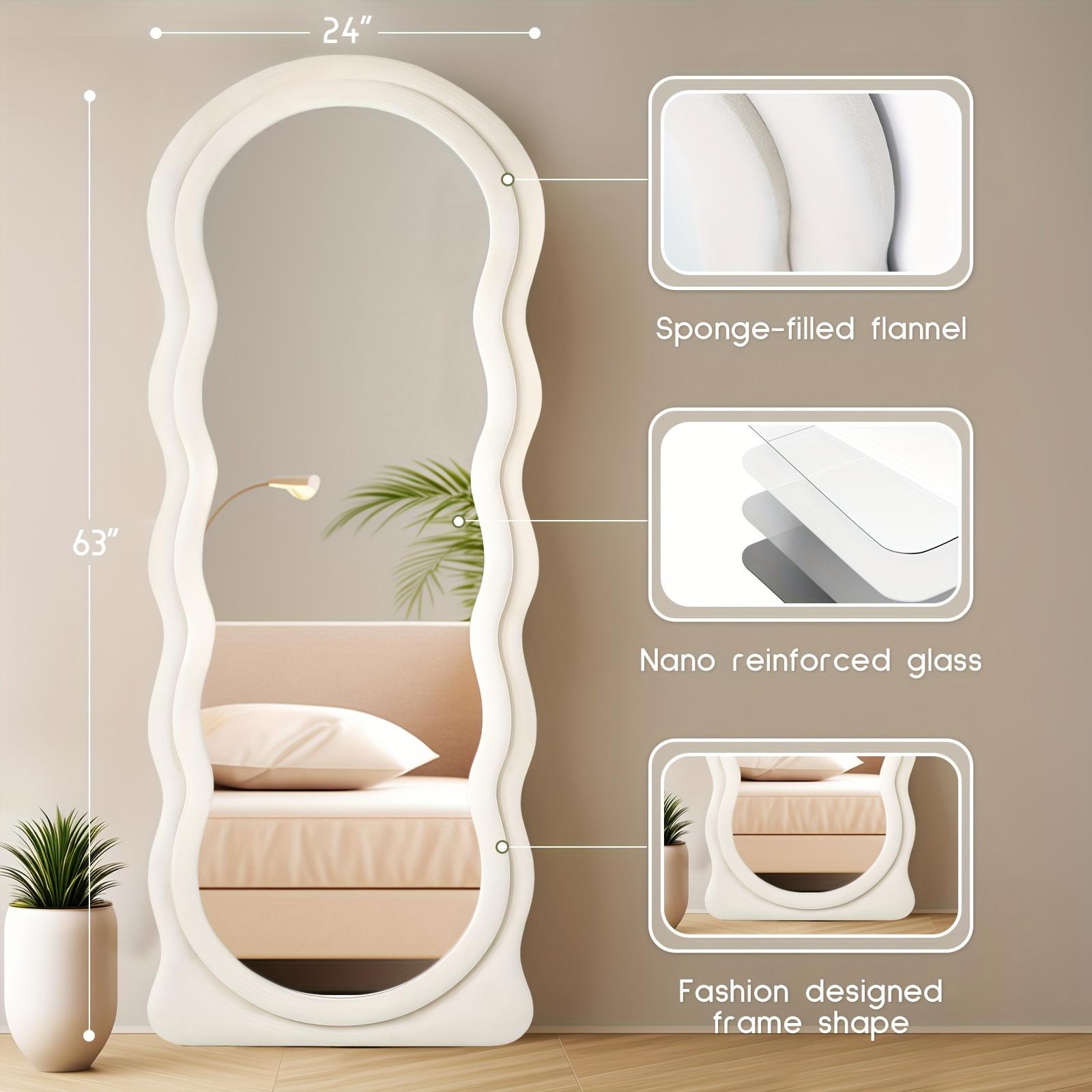 63 "X24" Irregular Wavy Full-Length Mirror Wall Mounted Floor Mirror with Vertical Ivory Flannel Frame Inclined Hanging Wall Mirror for Bedroom