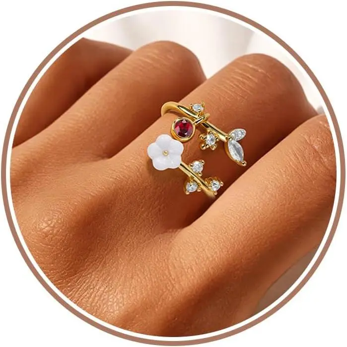 Gold Birthstone Rings for Women Non Tarnish Fashion Stackable Dainty 14KGold PlatedSilver/Rose Adjustable Emerald Green Ring Cubic Zirconia Gemstone Cute Pearl Shell Flower Promise Ring Engagement Birthday Gifts