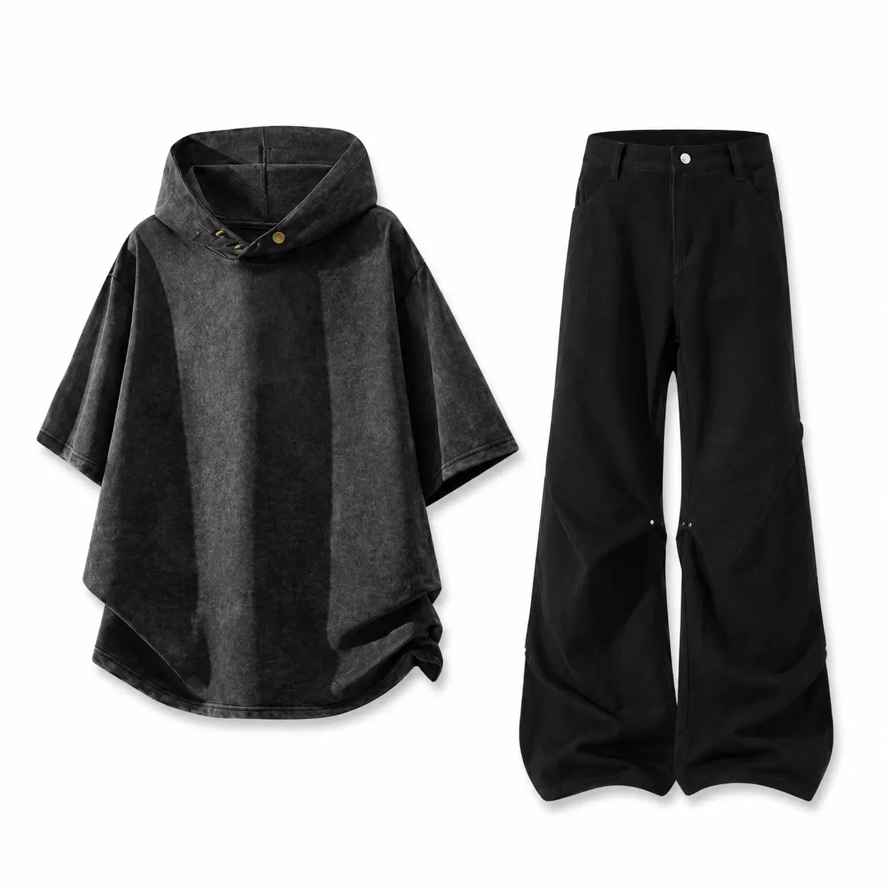 Men's Washed Oversized Hooded Two-Piece Set, Short Sleeve Hoodie Top & Wide Leg Baggy Pants, Vintage Streetwear Loose Fit Casual Summer Outfit for Men