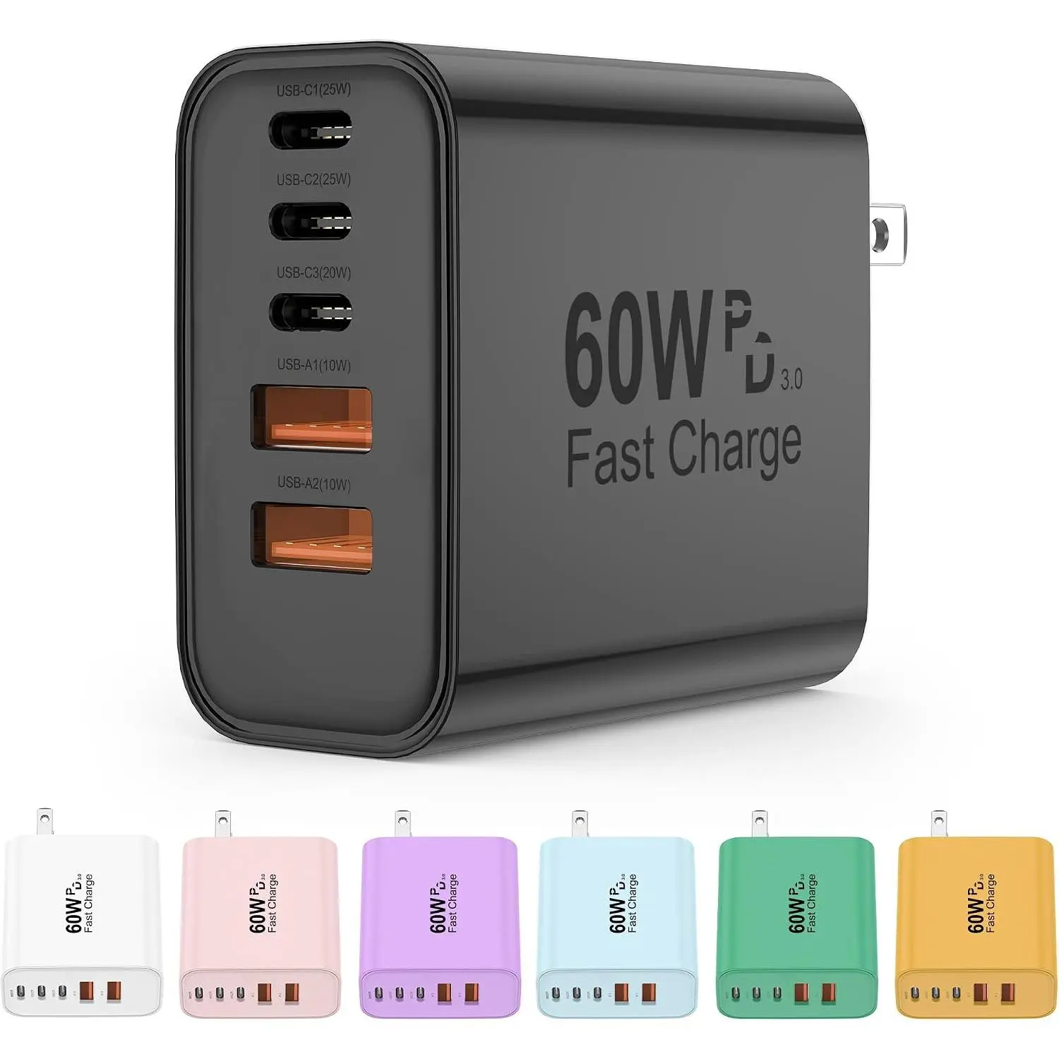 USB C Charger Block, 60W 5 in 1  Blocks, PD 3.0  Charger, QC 2A Black Wall Plug Multiport Type C  Block for  17 16 15 14 13 12 Pro Max, iPad, iPod, , AirPods Pro