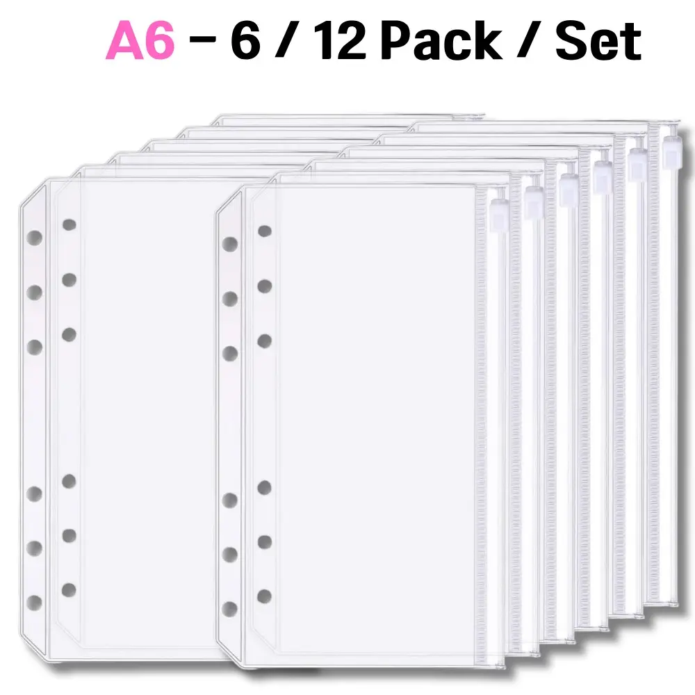 A6 6-Hole Zipper Binder Pockets, Clear Refill Organizer Sleeves for Photo Cards, Tickets, Receipts, Stickers and Small Stationery