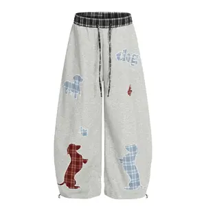 Inflation Women's Baggy Double Waist Plaid Patchwork Cotton SweatPants Baggy Streetwear Wide Leg Long Pants with Pockets Fitted Casual Bottoms