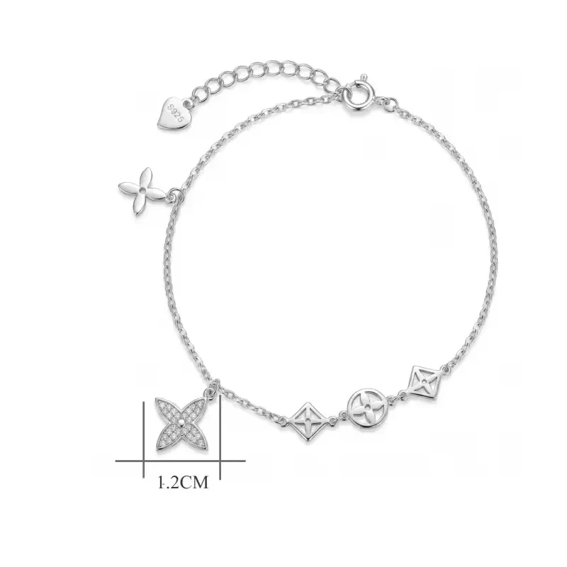 XATENJE 925 Sterling Silver Geometric & Floral Charm Bracelet, Dainty CZ Pave Link Jewelry for Women, Adjustable Gift
