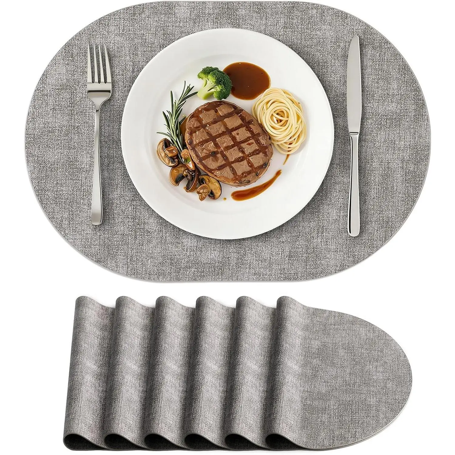 Oval Faux Leather Place Mats for Round Table, Set of 6, Light Grey | Washable Table Mats, Heat Resistant, Reversible, Waterproof, Wipeable Place Mats for Indoor Outdoor