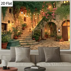 Enchanting Garden Courtyard Mural Backdrop, Serene Floral Stone Steps Tapestry, Outdoor Nature Scene Wall Hanging for Room Decor, Event Prop