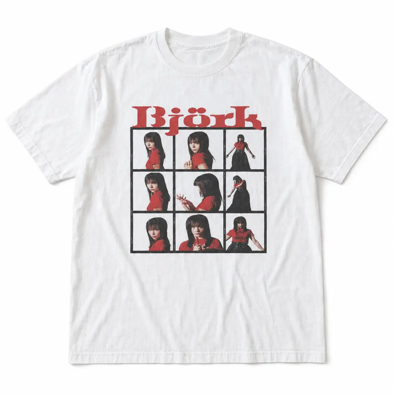 Vintage Björk 9 Panel Photo Collage Graphic Tee, White Washed Casual Cotton Unisex T-Shirt |   Perfect Birthday & Holiday Gift For Men And Women