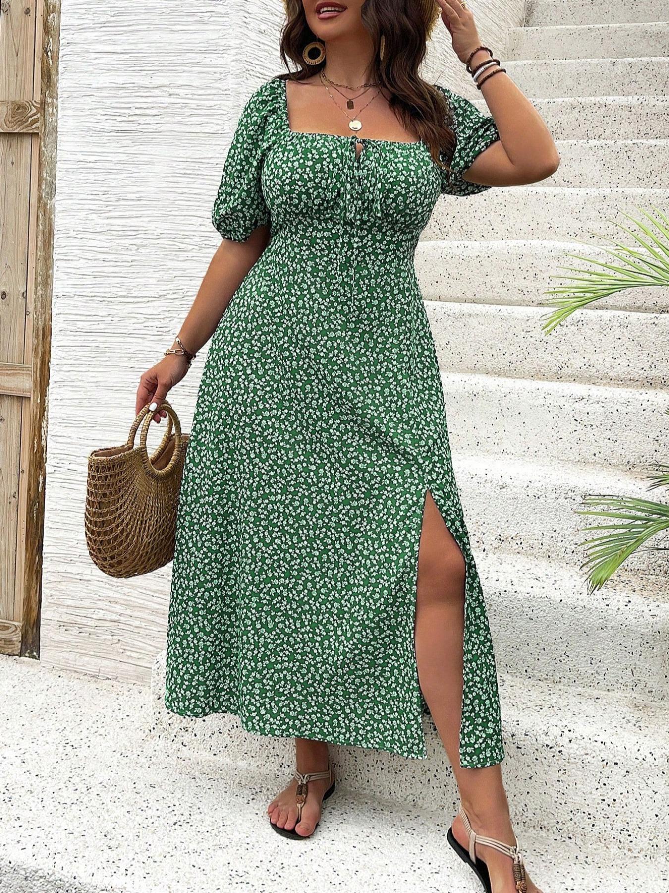 【Plus Size】 Ditsy Floral / All Over Print Split Thigh Dress, Casual Boho Bohemian Puff Sleeve Tie Front Dress, Women Plus Clothing Womenswear for Summer Daily Wear 【Plus Size】 Ditsy Floral / All Over Print Split Thigh Dress, Casual Boho Bohemian Puff Sleeve Tie Front Dress, Women Plus Clothing Womenswear for Summer Daily Wear