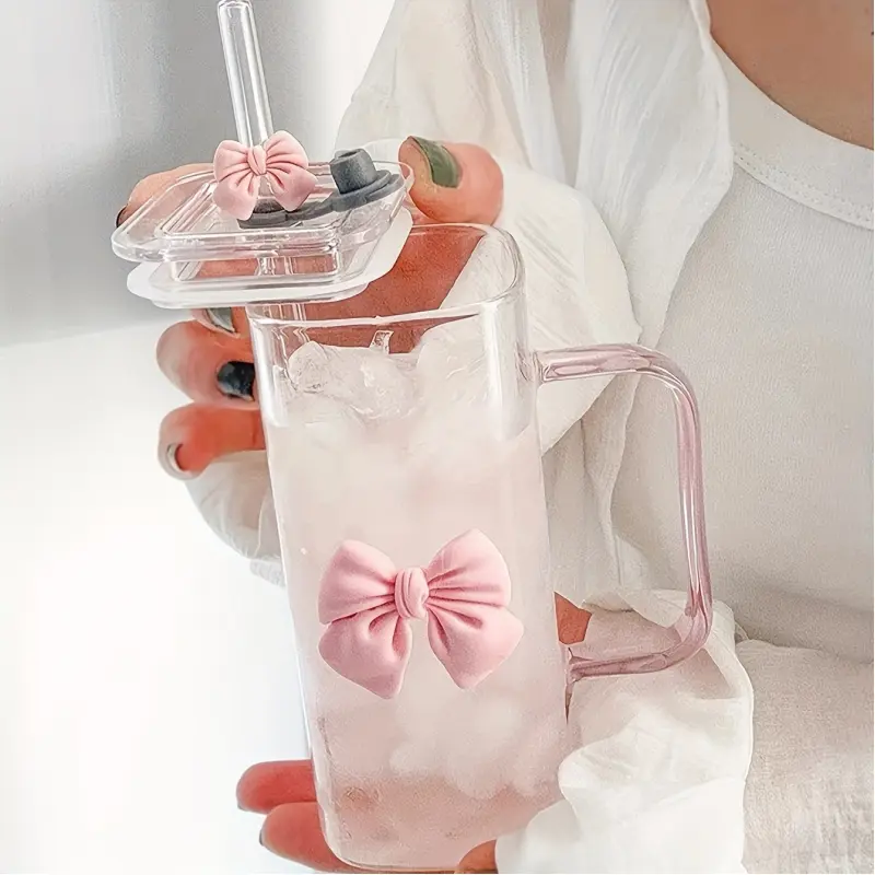 1 400ml Glass Water Bottle with Straw and Handle Christmas Halloween Pink Bow Reusable Heat Resistant Transparent for Home Office Travel Valentine's Day Thanksgiving Gift for Her