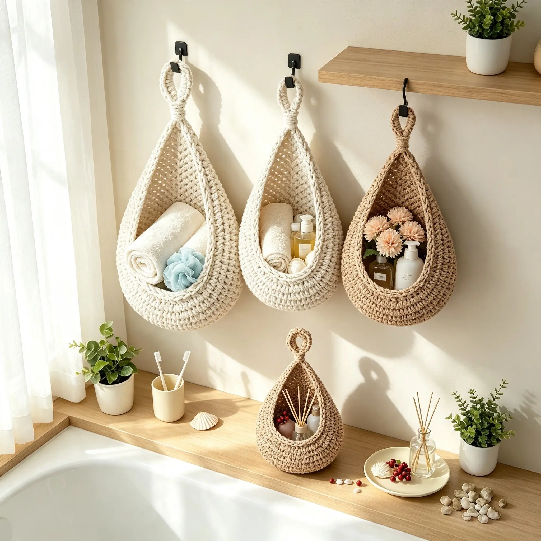 Multiple Cotton Rope Handmade Woven Hanging Baskets, Nordic Minimalist Style, Ventilated Wall-Saving Storage Basket, Kitchen Bathroom Balcony Entryway Organizer