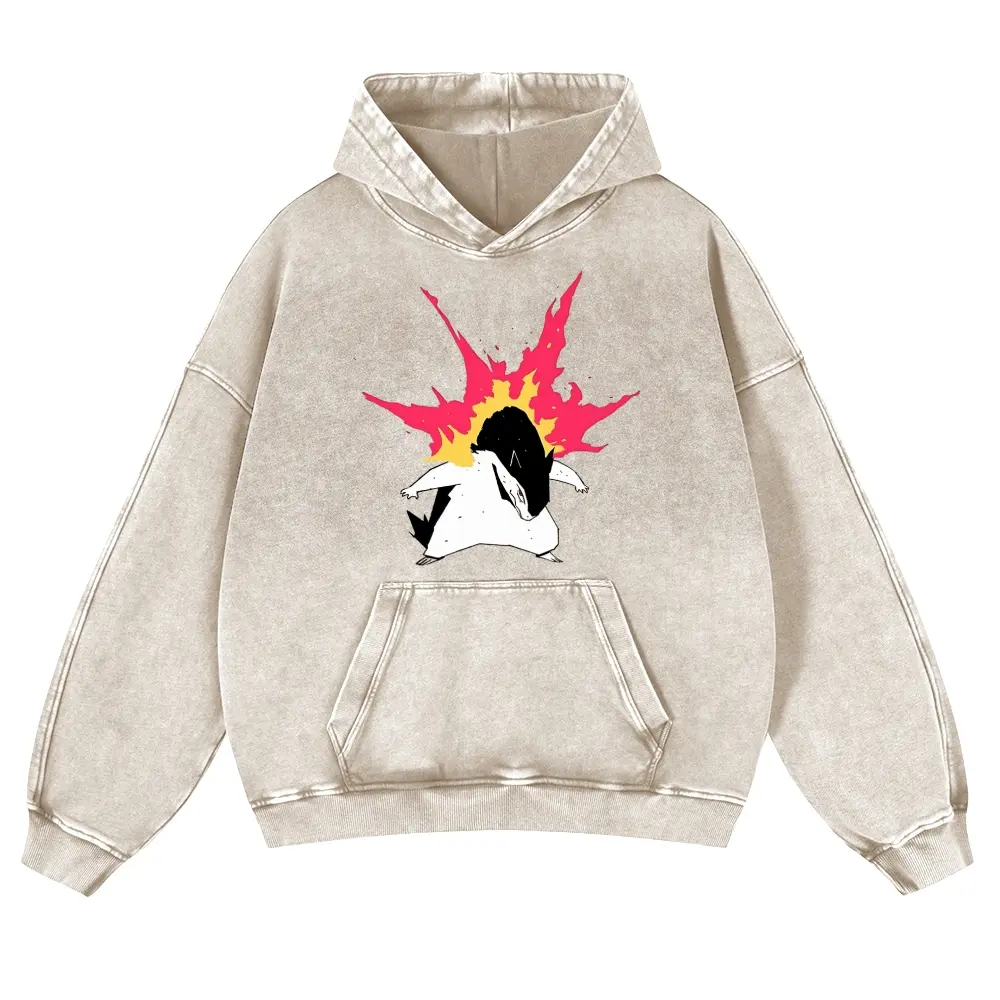 Vintage Anime Fire Badger Graphic Hoodie, Oversized Acid Wash Olive Green Pullover Sweatshirt, Retro Manga Aesthetic Heavyweight Hoodie for Men Women, Grunge Streetwear Punk Gothic Top Y2K