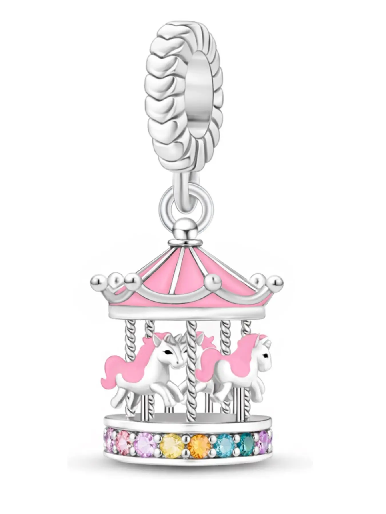 Copper Plated Silver Color Carousel Charm, Zircon Embedded, Cute Cartoon Design, Perfect Gift for Friends, All Seasons Accessory