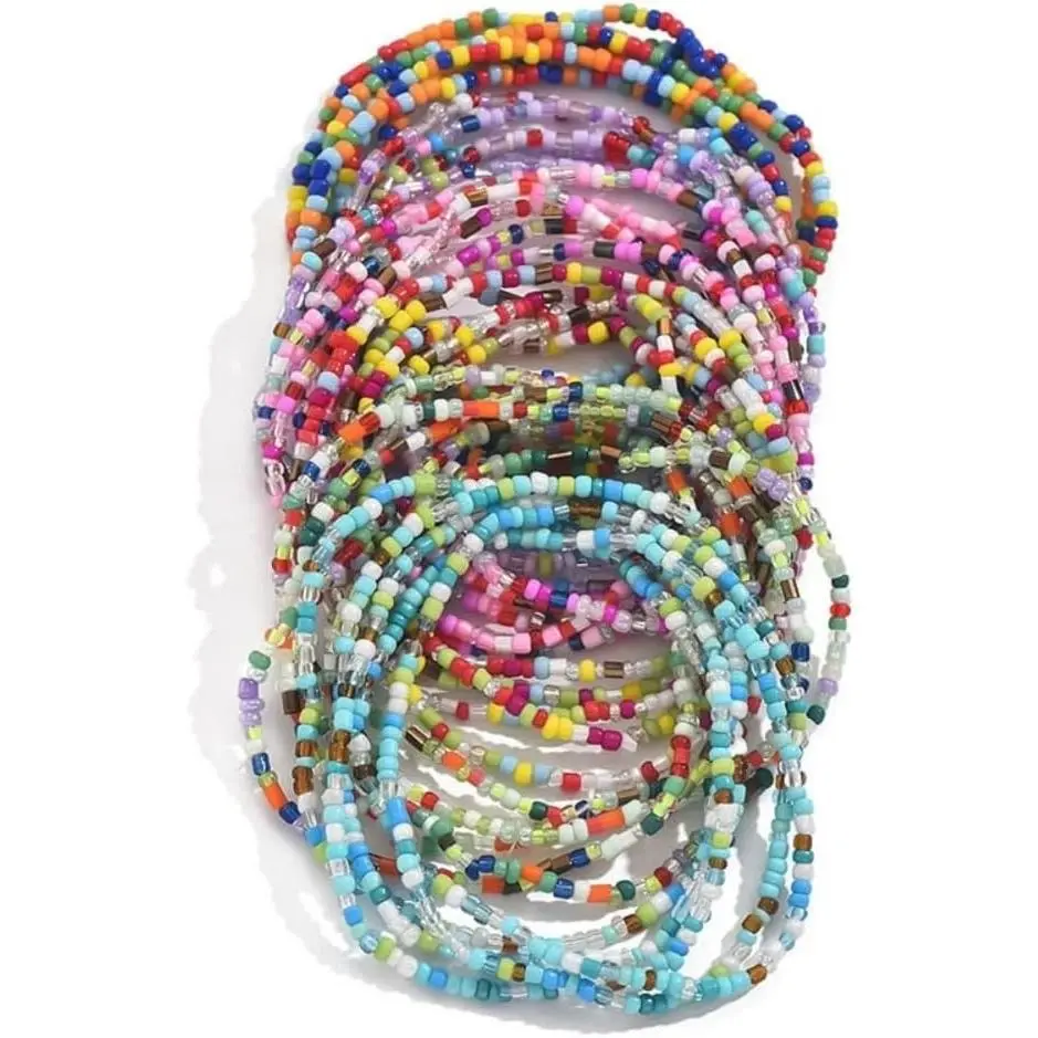 36 count Colorful Elastic Seed Beaded Bracelets Set Bohemia Multilayer Rainbow Beaded Stretch Bracelet Anklet Adjustable Glass Beads Wristbands for Women Summer Beach Boho Vaction