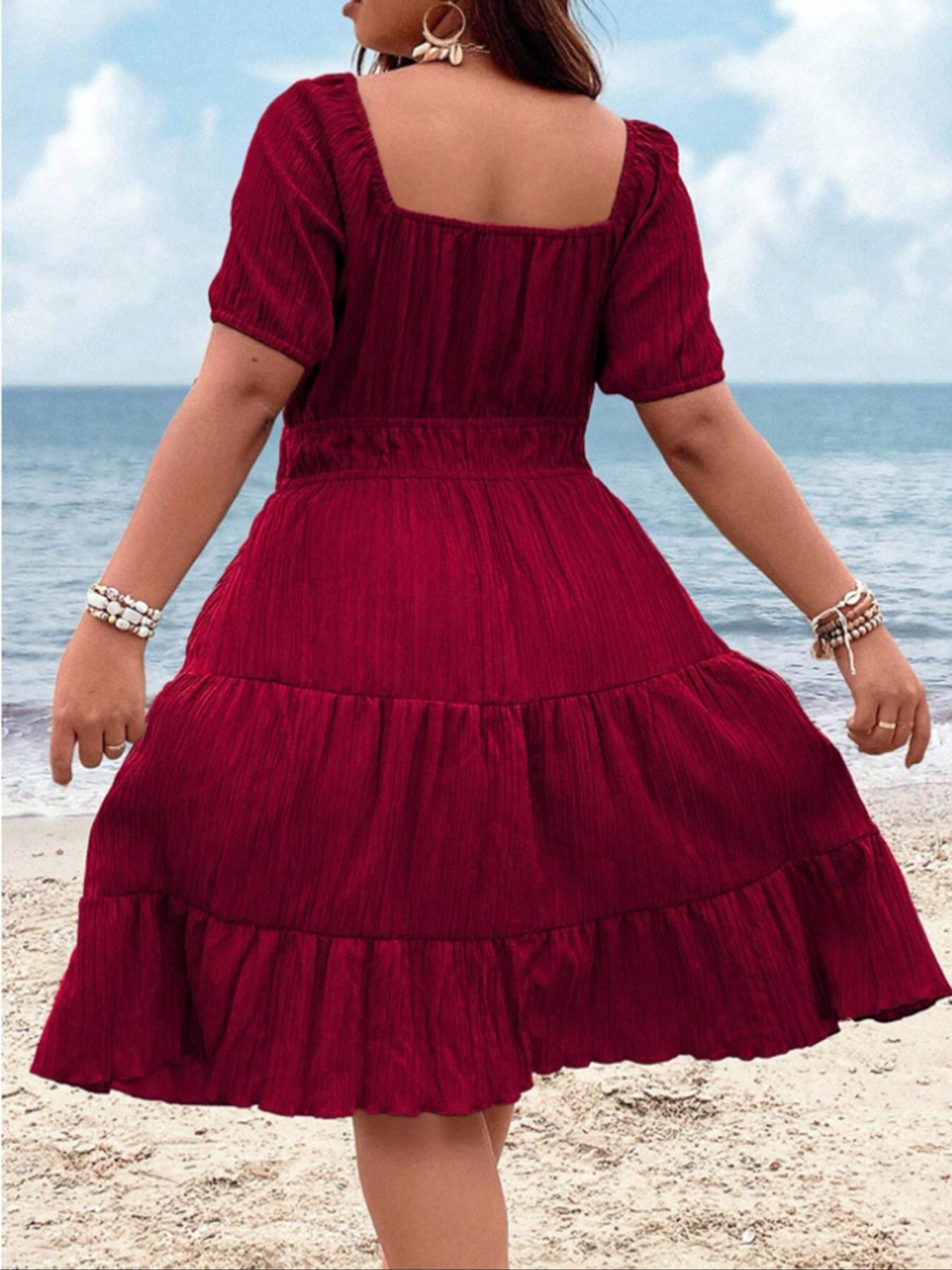 【Plus Size】 Solid Tie Front Dress, Plus Elegant Short Sleeve Dress for Summer, Women's Plus Clothing for Beach Holiday, Plus Size Tummy Flattering Dresses, Casual Fashion Dress, Boho Style Dresses