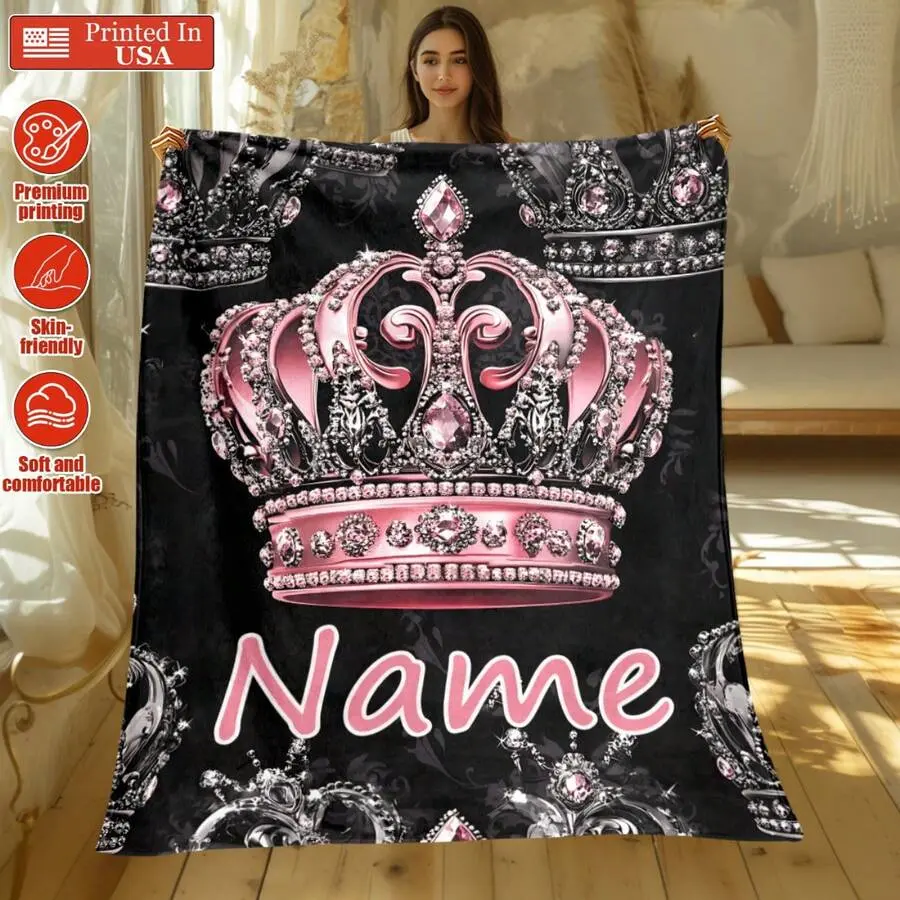 Customized Pink Diamond Crown Flannel Throw Blanket (30x40 in) - Wrinkle-Resistant, Fade-Resistant, Breathable, Durable, Vintage Princess Royal Tiara Design, Soft Cozy, Machine Washable, Luxury Birthday Gift for Her, Couch Bed Decor for Infant, Adults