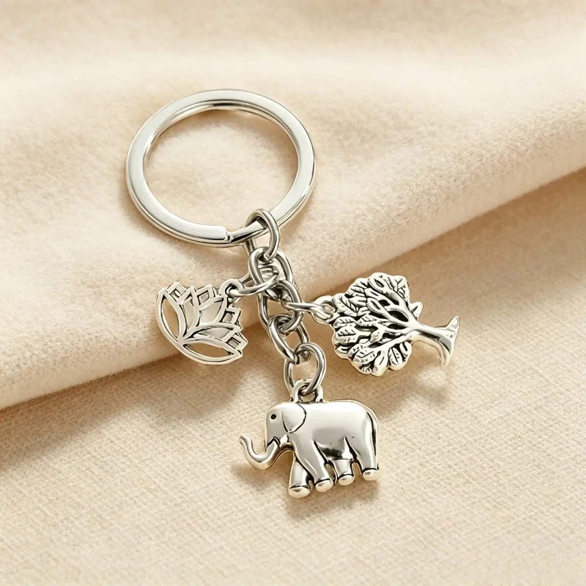 Nature Theme Zinc Alloy Elephant Tree Lotus Plain Charm Keychain - Minimalist, Lightweight, Durable Unisex Universal-Size Sports & Outdoor Accessory for Daily Carry, Birthday Gift Ideas, One Size