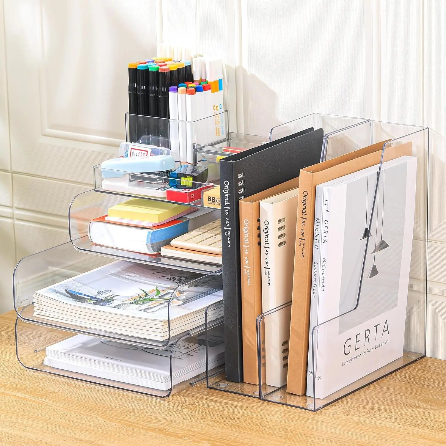 Clear Desk Organizer with 2 Vertical File Holders, 4 Tier Stackable Paper Letter Tray File Organizer with 5-Compartments Pen Holder, Desktop Organization and Storage for Office
