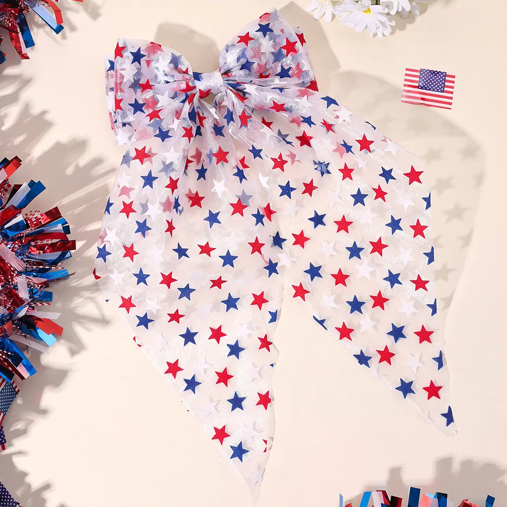 Oversized Patriotic Bow Barrette, Sheer Organza Star Print Hair Clip with Lightweight Flow Long Tail for Women's Independence Day Party, Oversized Size, Patriotic Motif