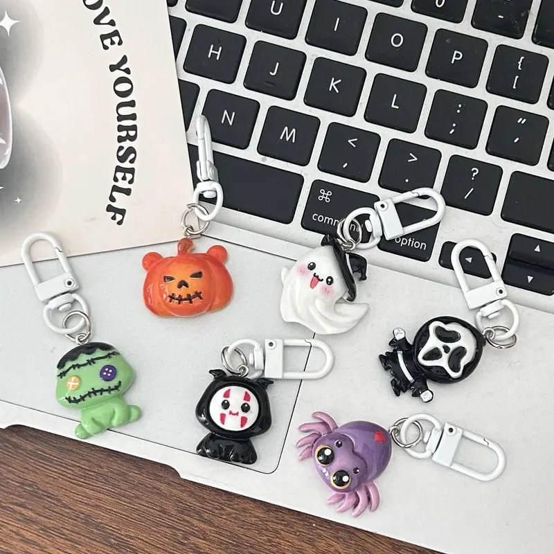 cute mini resin halloween cartoon keychain kawaii spooky spider pumpkin ghost scream face frankenstein no face monster bag charm lightweight plastic carabiner pendant student backpack purse car key accessory holiday birthday party claw machine favor decor