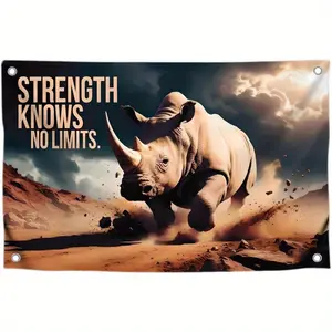 2D Flat, 2D Flat 1pc 3x5 Feet "Strength Knows No Limits" Motivational Quote Flag with Rhinoceros Design - Inspirational Banner for Gym and Wall Decor, Fabric Material, 4 Brass Grommets for Easy Hanging, Fitness Wall Deco, 2D Flat