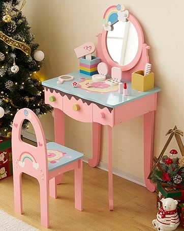 Karlhome Kids Vanity Table and Chair Set, Princess Toddler Dressing Table with 7pcs Multiple Make up Accessories 3 Drawers & Tabletop Storage, Wooden Pretend Play Vanity Set for Little Girls